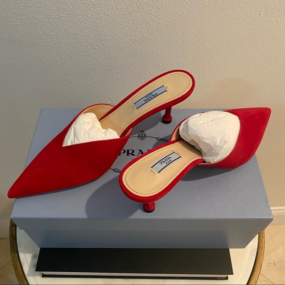 Prada Suede Pointy Toe Mule Red - Picture 10 of 13